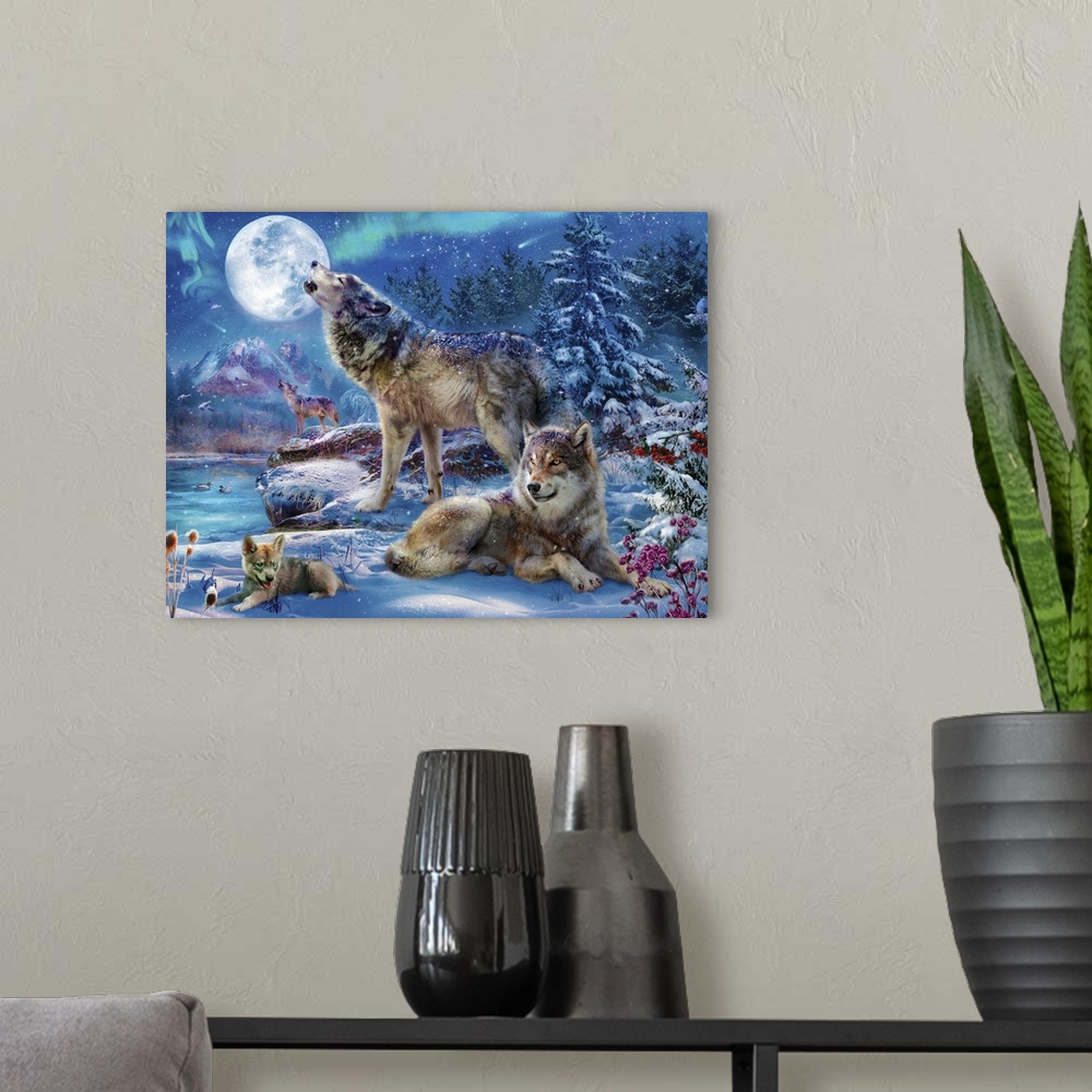 A modern room featuring Illustration of a pack of wolves howling at the full moon in a snowy setting.