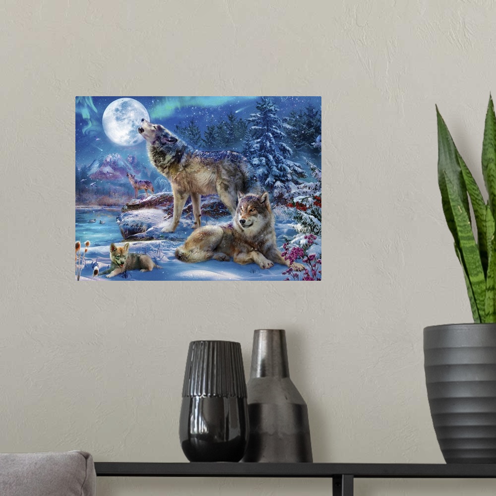 A modern room featuring Illustration of a pack of wolves howling at the full moon in a snowy setting.