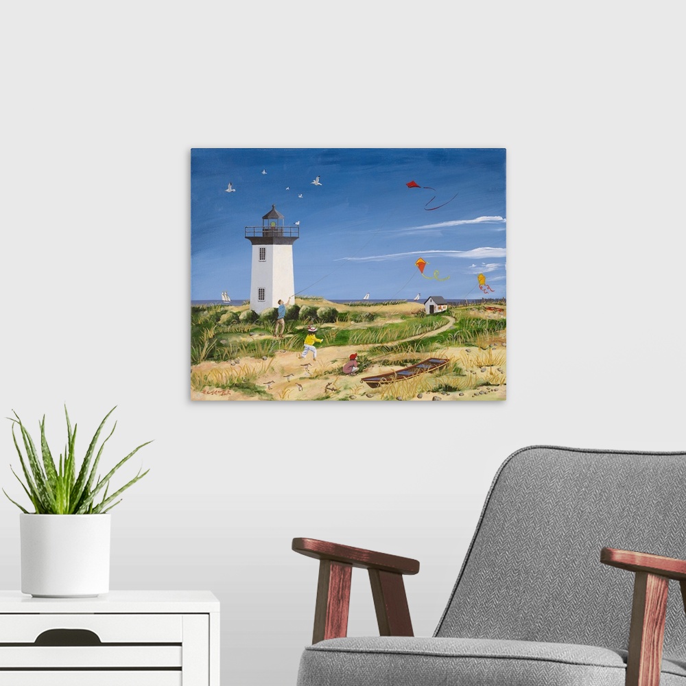 A modern room featuring Americana scene of children flying kites near a small lightouse on the beach.