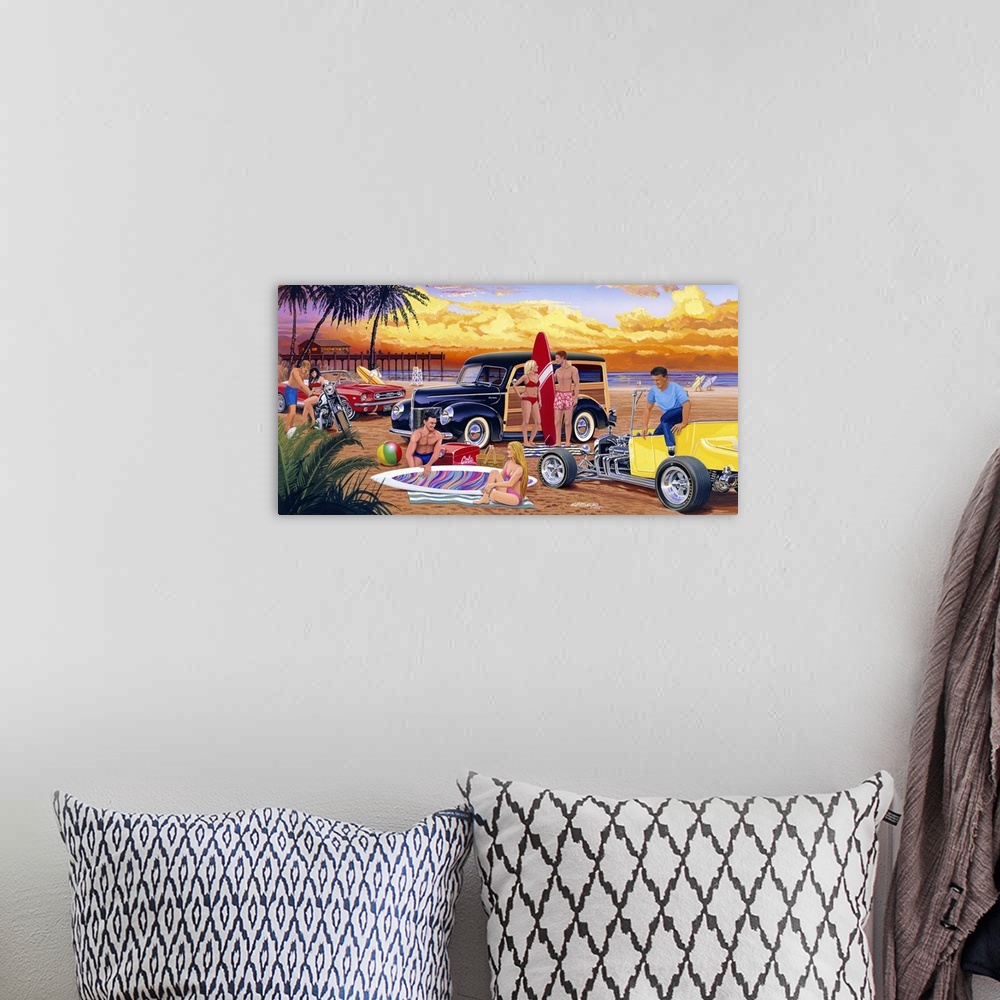A bohemian room featuring Vintage style artwork of a California beach sunset with a 1940 Ford Woody station wagon, 66 Ford ...