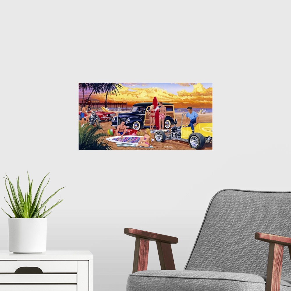 A modern room featuring Vintage style artwork of a California beach sunset with a 1940 Ford Woody station wagon, 66 Ford ...