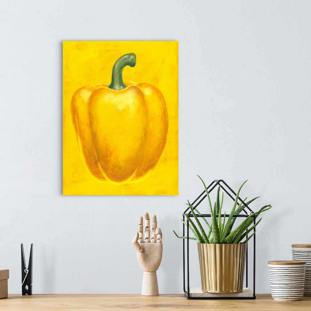 A bohemian room featuring Contemporary painting of a yellow bell pepper against a yellow background.