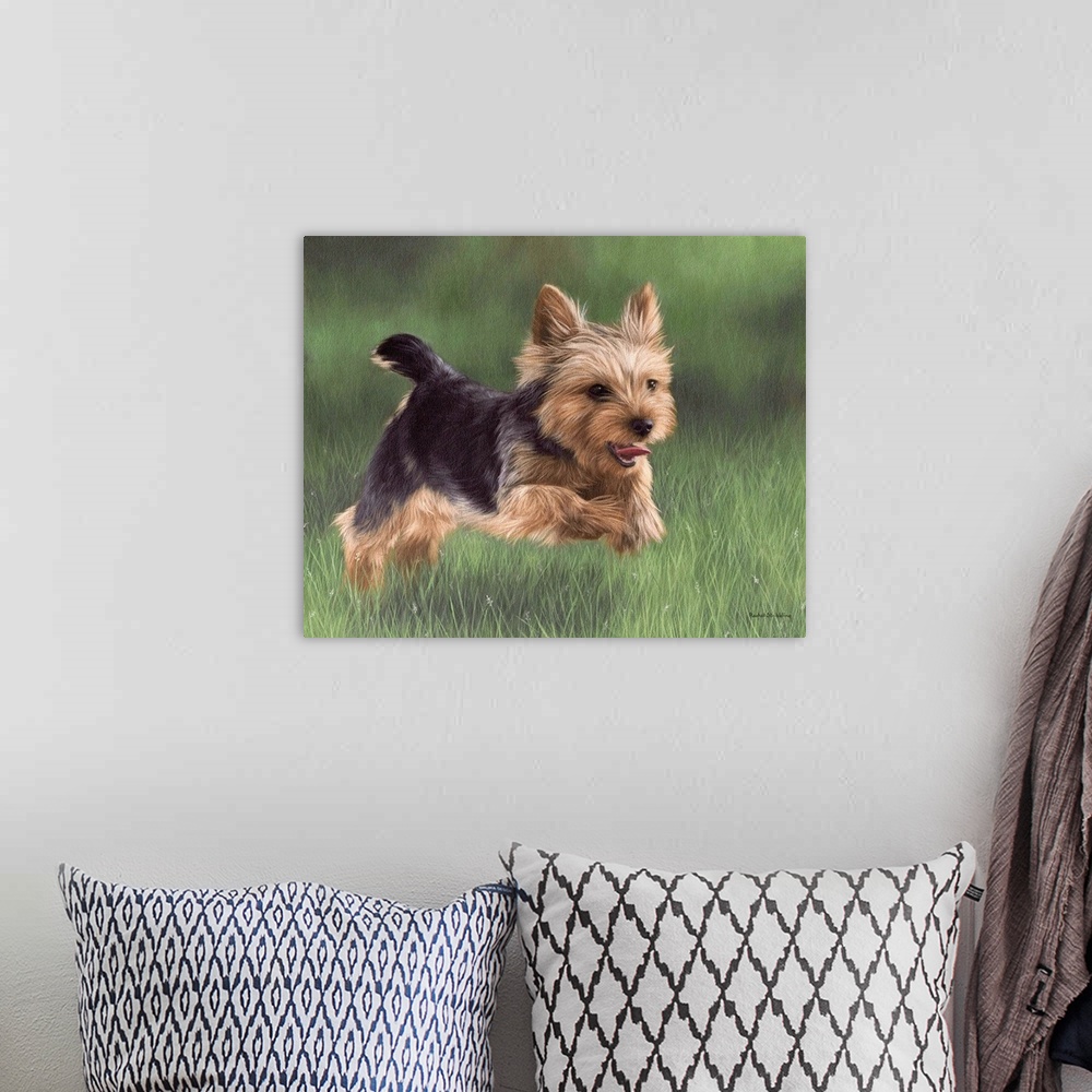 A bohemian room featuring Contemporary artwork of a Yorkshire Terrier running through grass.