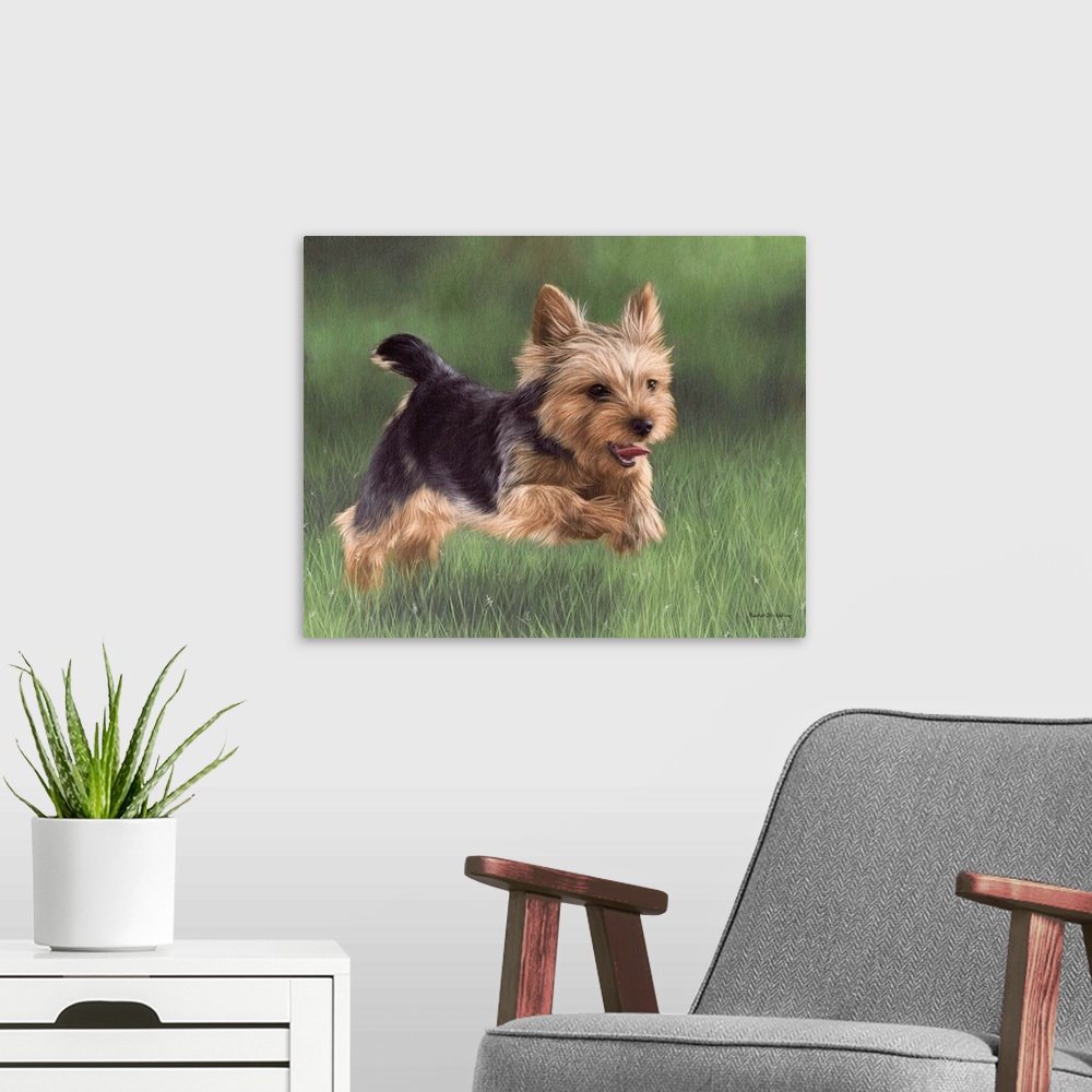A modern room featuring Contemporary artwork of a Yorkshire Terrier running through grass.