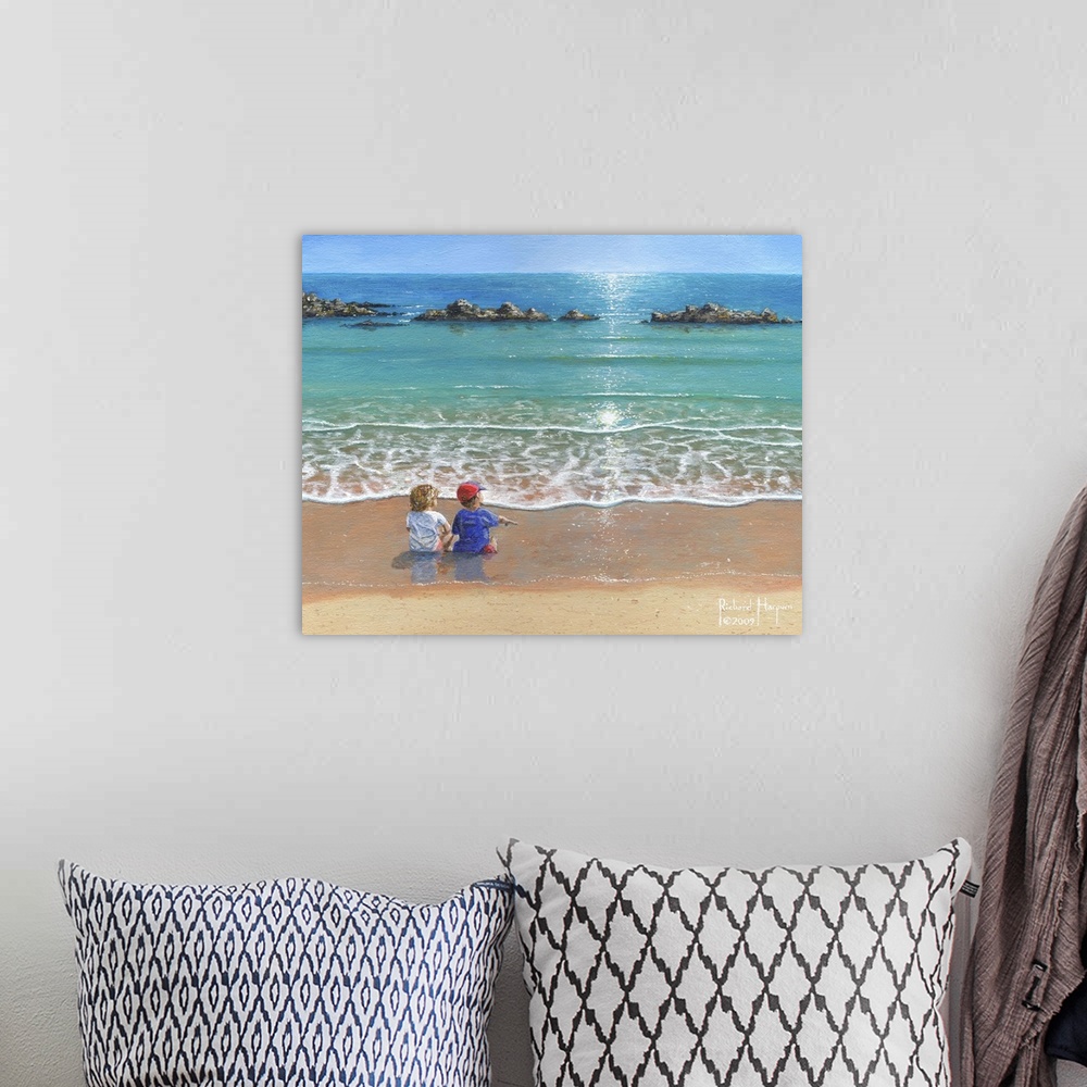A bohemian room featuring Contemporary artwork of two small children watching the tide come in on the beach.