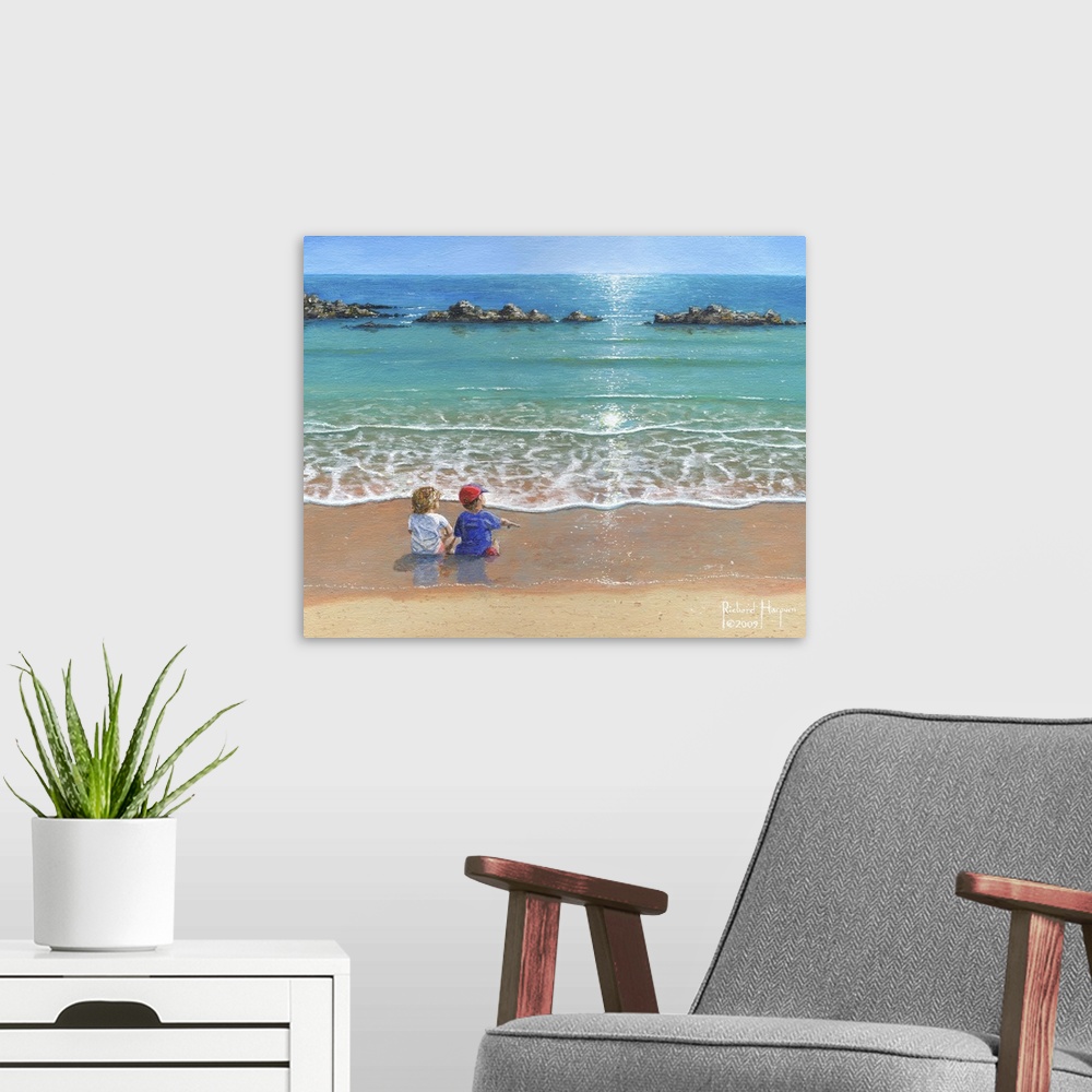 A modern room featuring Contemporary artwork of two small children watching the tide come in on the beach.