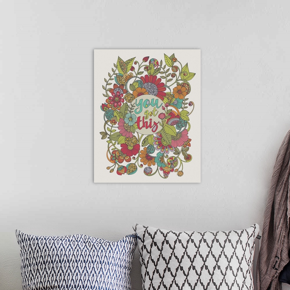 A bohemian room featuring Illustration of intricately drawn flowers with the phrase "You Got This" written in the center.