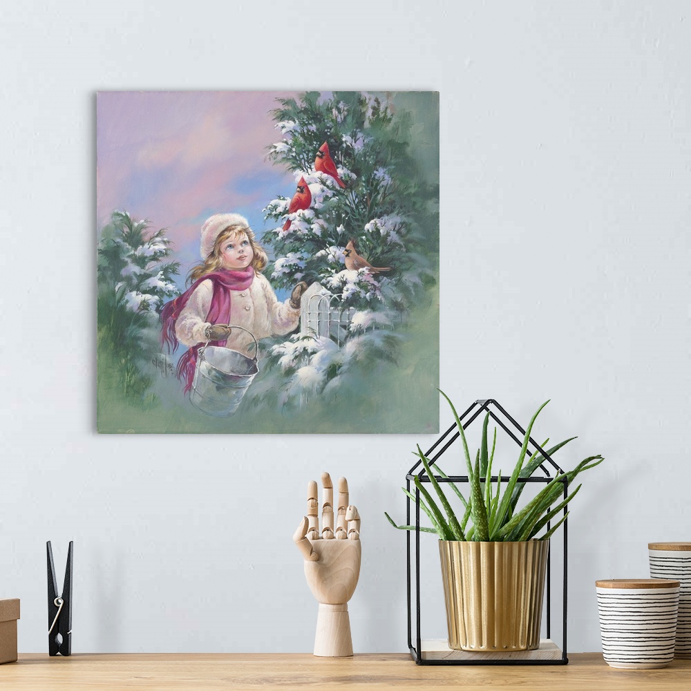 A bohemian room featuring Whimsical painting of a little girl gazing a cardinals in a tree in winter.