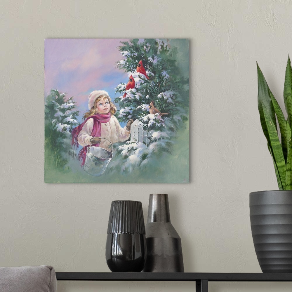 A modern room featuring Whimsical painting of a little girl gazing a cardinals in a tree in winter.
