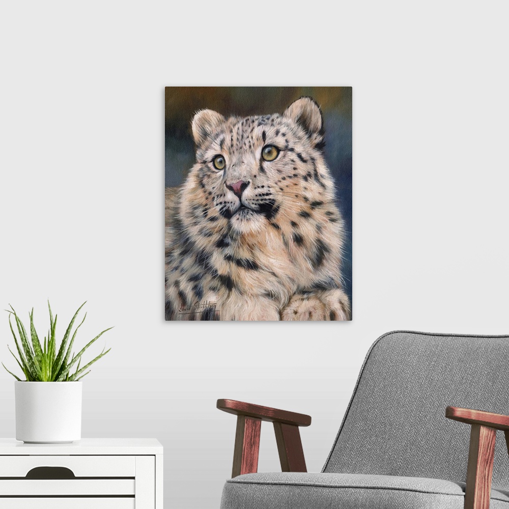 A modern room featuring Painting of a young snow leopard looking curiously at something.