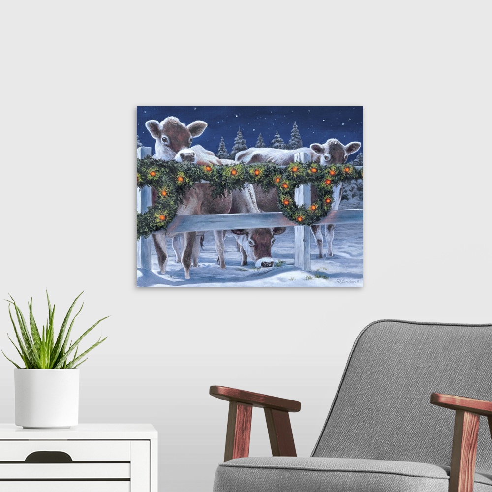 A modern room featuring Contemporary painting of cows standing behind a fence decorated for Christmas.
