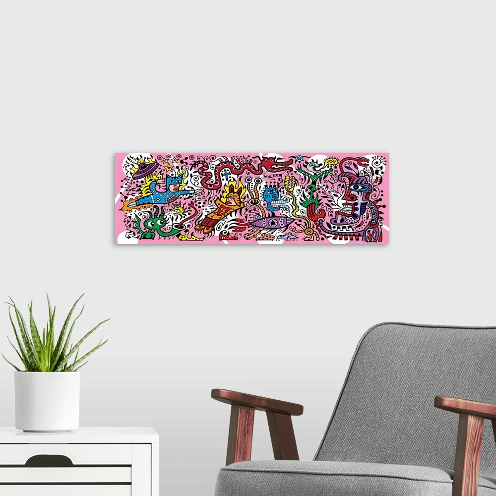 A modern room featuring Contemporary mural artwork of monsters and other abstract figures in a confusion of colors and pa...