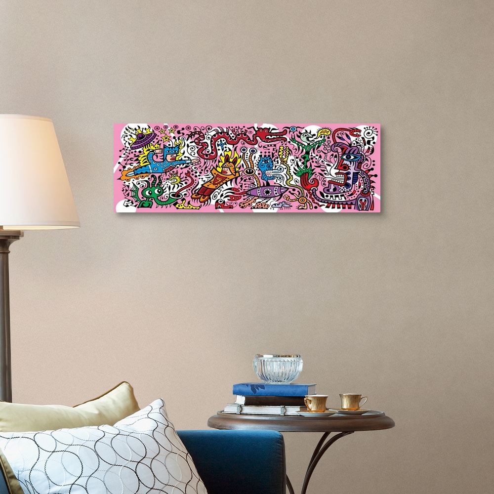 A traditional room featuring Contemporary mural artwork of monsters and other abstract figures in a confusion of colors and pa...