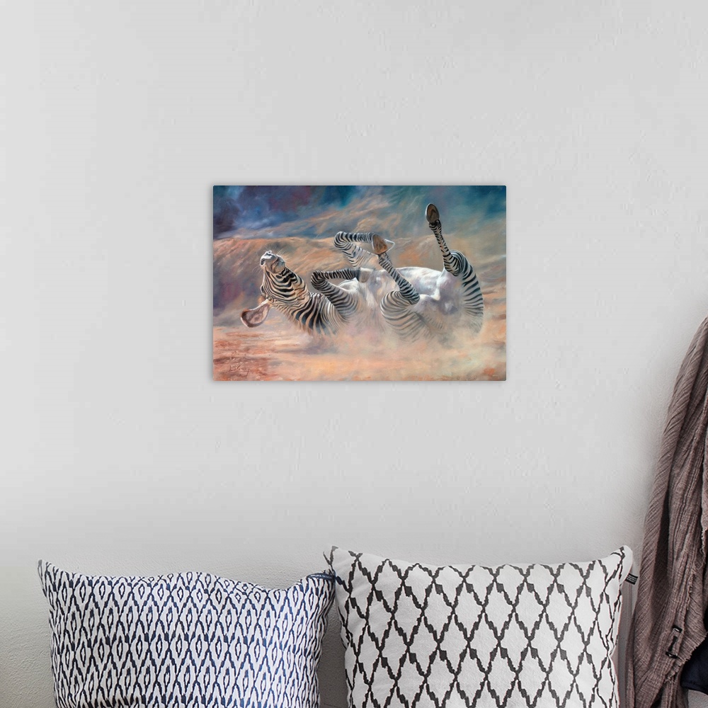 A bohemian room featuring Zebra having a dust bath. Oil on canvas