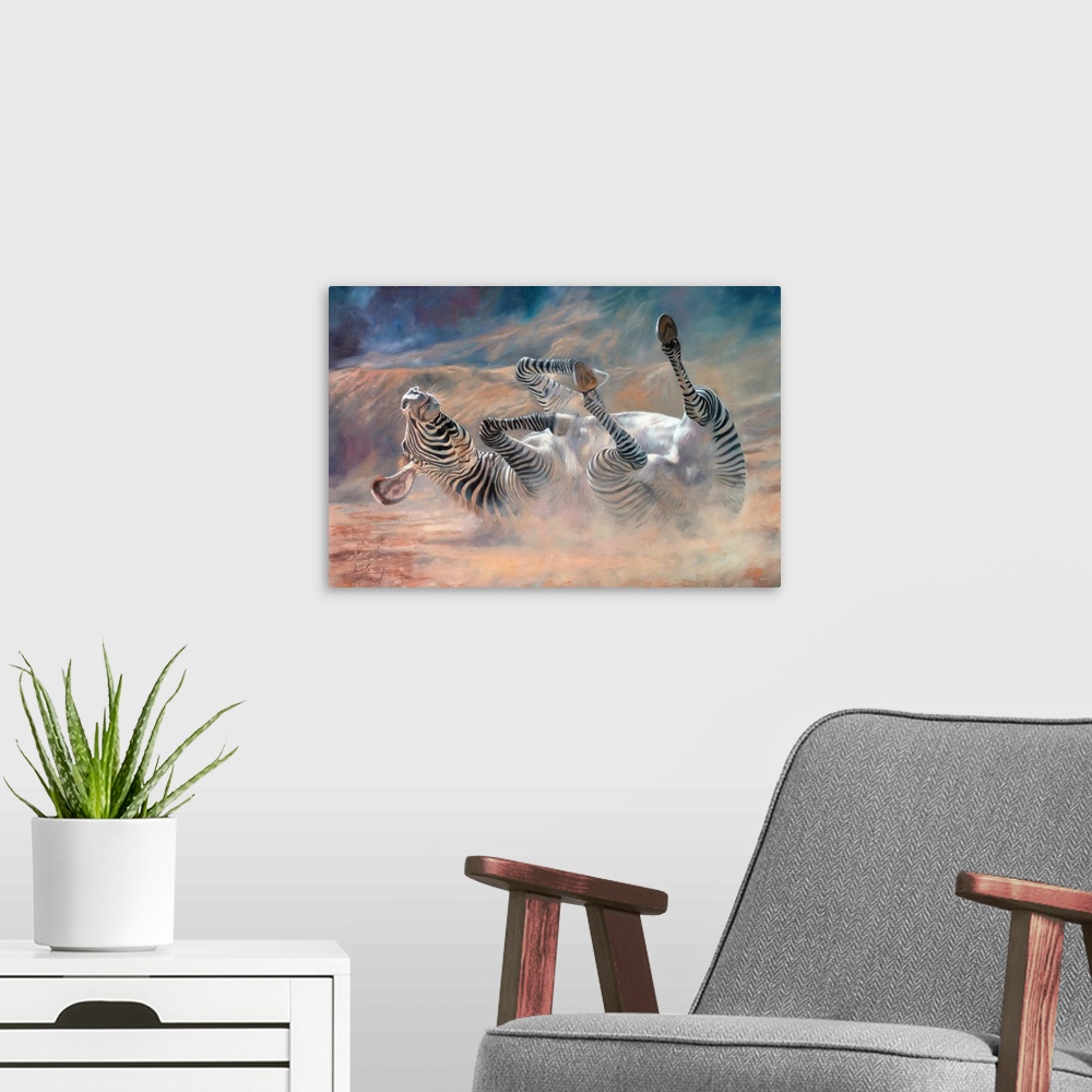 A modern room featuring Zebra having a dust bath. Oil on canvas