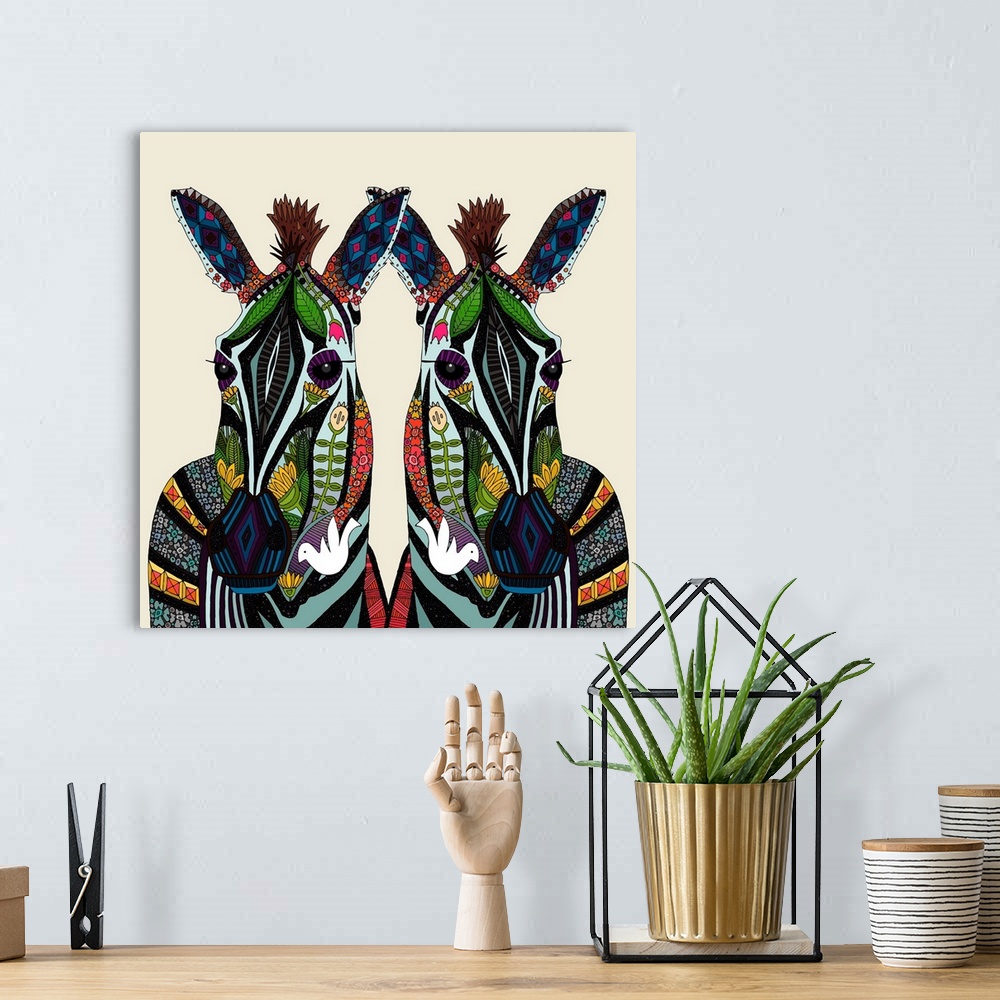 A bohemian room featuring ILLUSTRATED NATURE ZEBRA ART