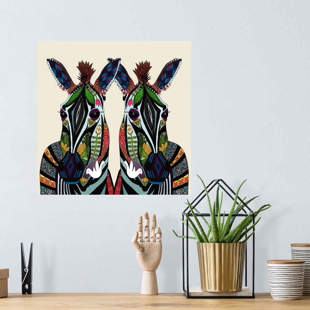 A bohemian room featuring ILLUSTRATED NATURE ZEBRA ART