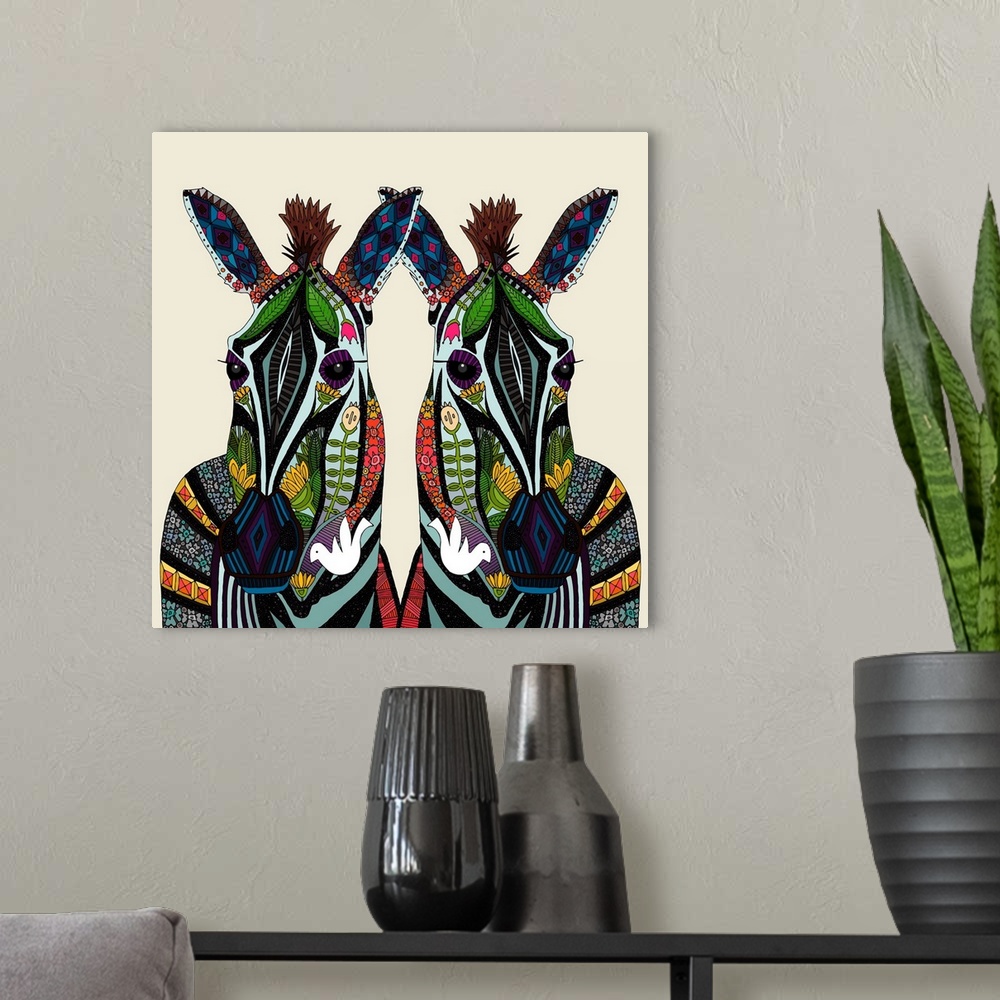 A modern room featuring ILLUSTRATED NATURE ZEBRA ART