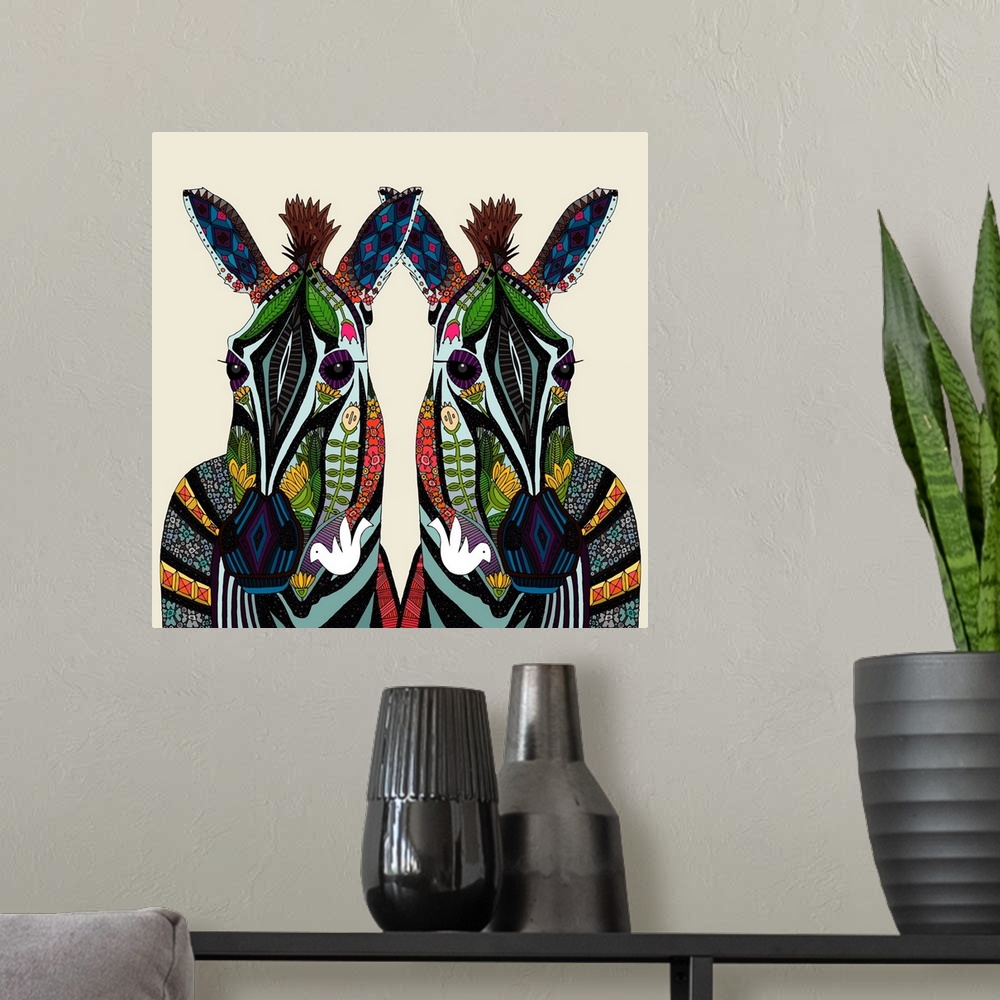 A modern room featuring ILLUSTRATED NATURE ZEBRA ART