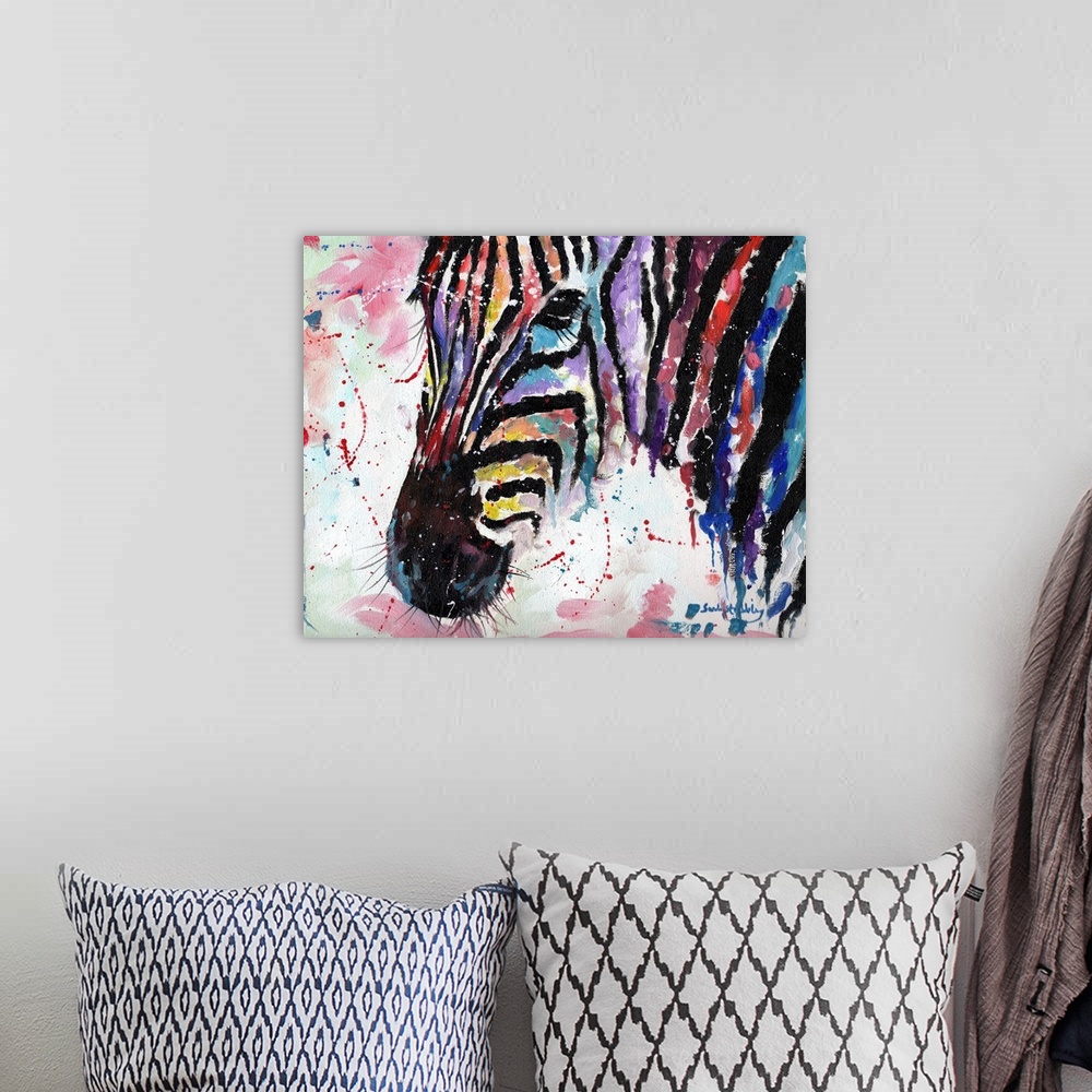 A bohemian room featuring Zebra oil on canvas in rainbow colors.