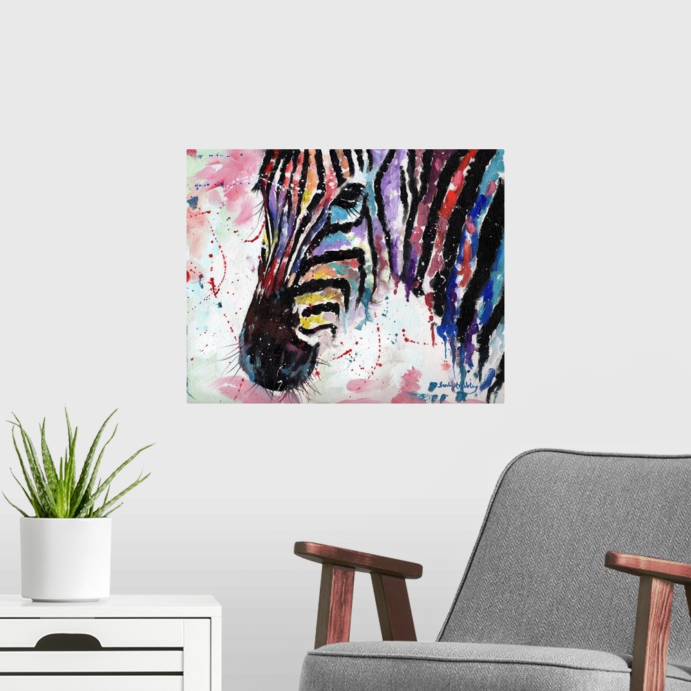 A modern room featuring Zebra oil on canvas in rainbow colors.