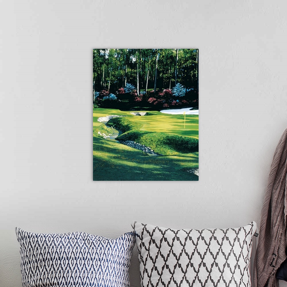 A bohemian room featuring Lifelike painting of stream crossing through a golf course, past the flag towards the forested ed...