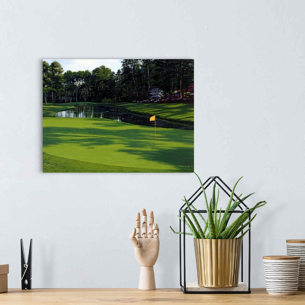 A bohemian room featuring Photograph of the greenway on a golf course with a small pond and trees just behind it.