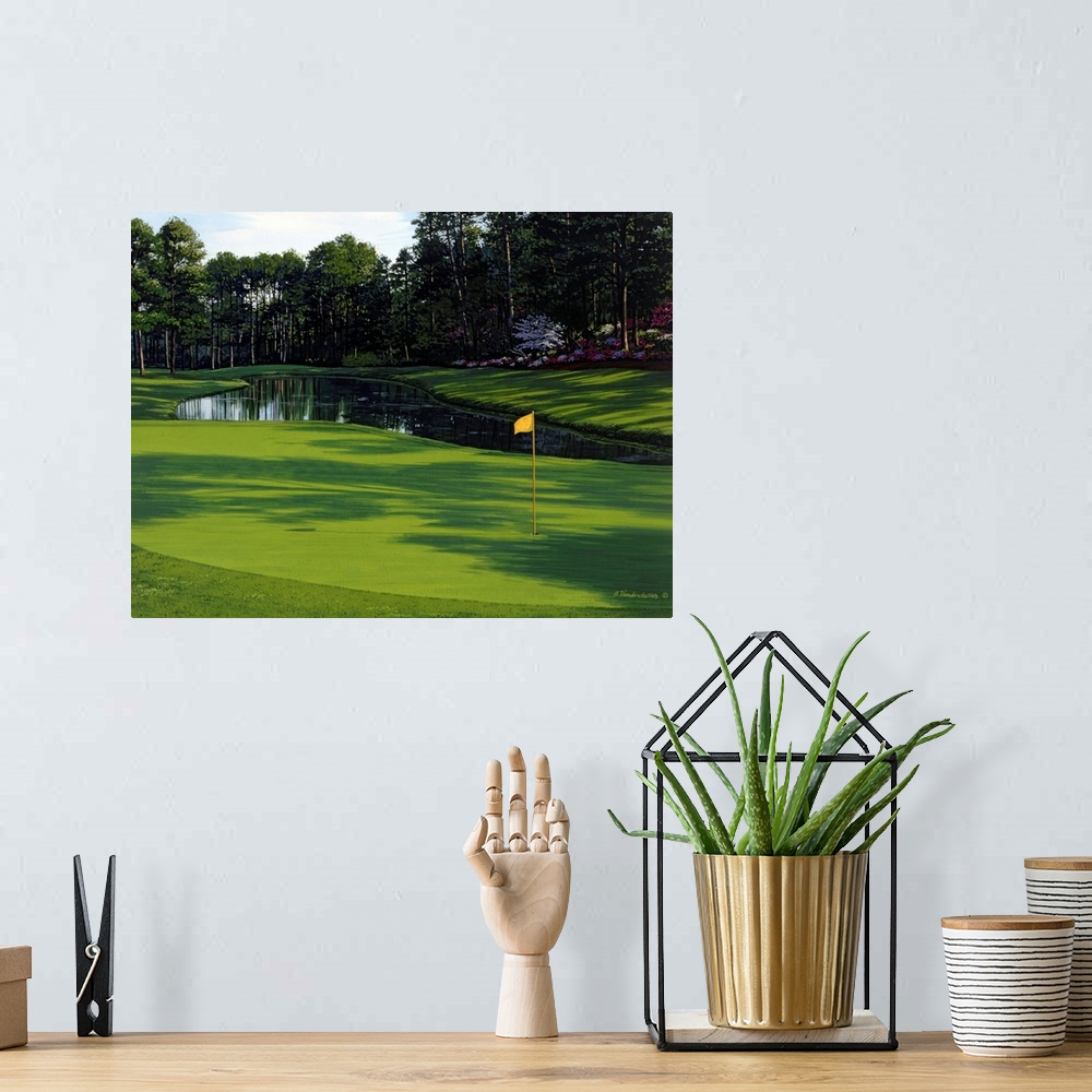 A bohemian room featuring Photograph of the greenway on a golf course with a small pond and trees just behind it.