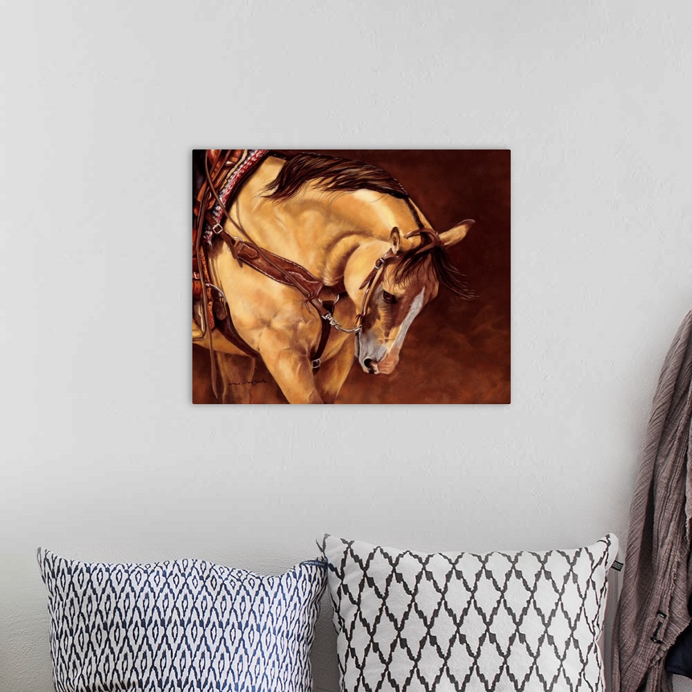 A bohemian room featuring Contemporary artwork of a horse wearing a saddle with it's head bowed down on a brown background.