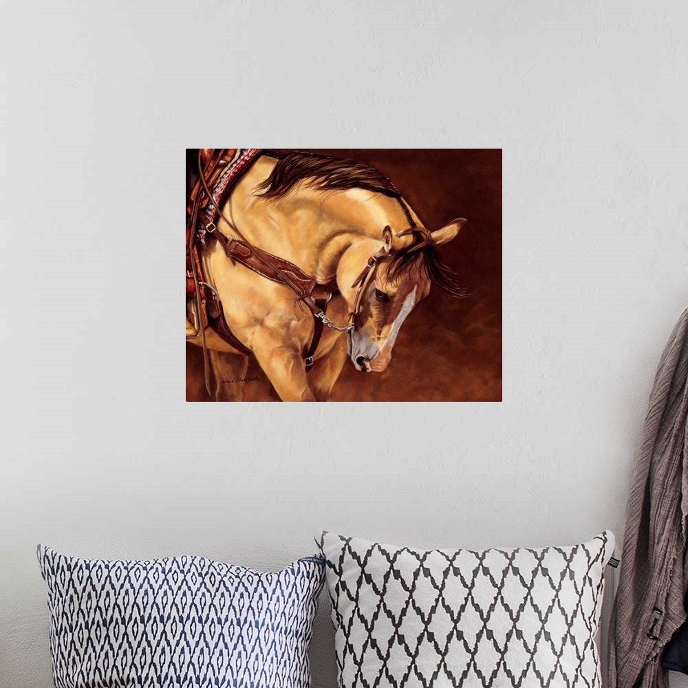 A bohemian room featuring Contemporary artwork of a horse wearing a saddle with it's head bowed down on a brown background.