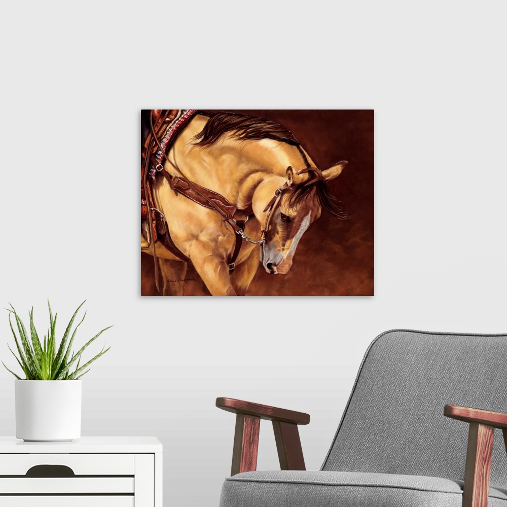 A modern room featuring Contemporary artwork of a horse wearing a saddle with it's head bowed down on a brown background.