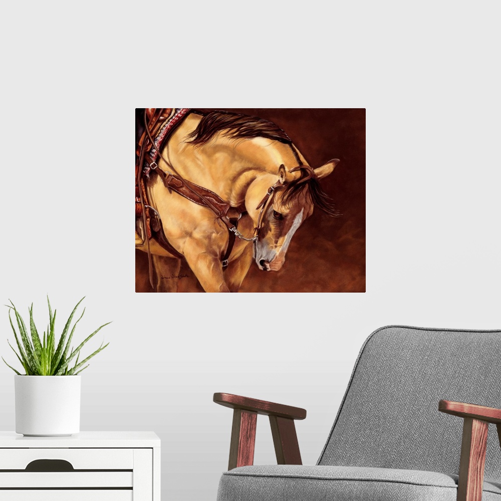 A modern room featuring Contemporary artwork of a horse wearing a saddle with it's head bowed down on a brown background.