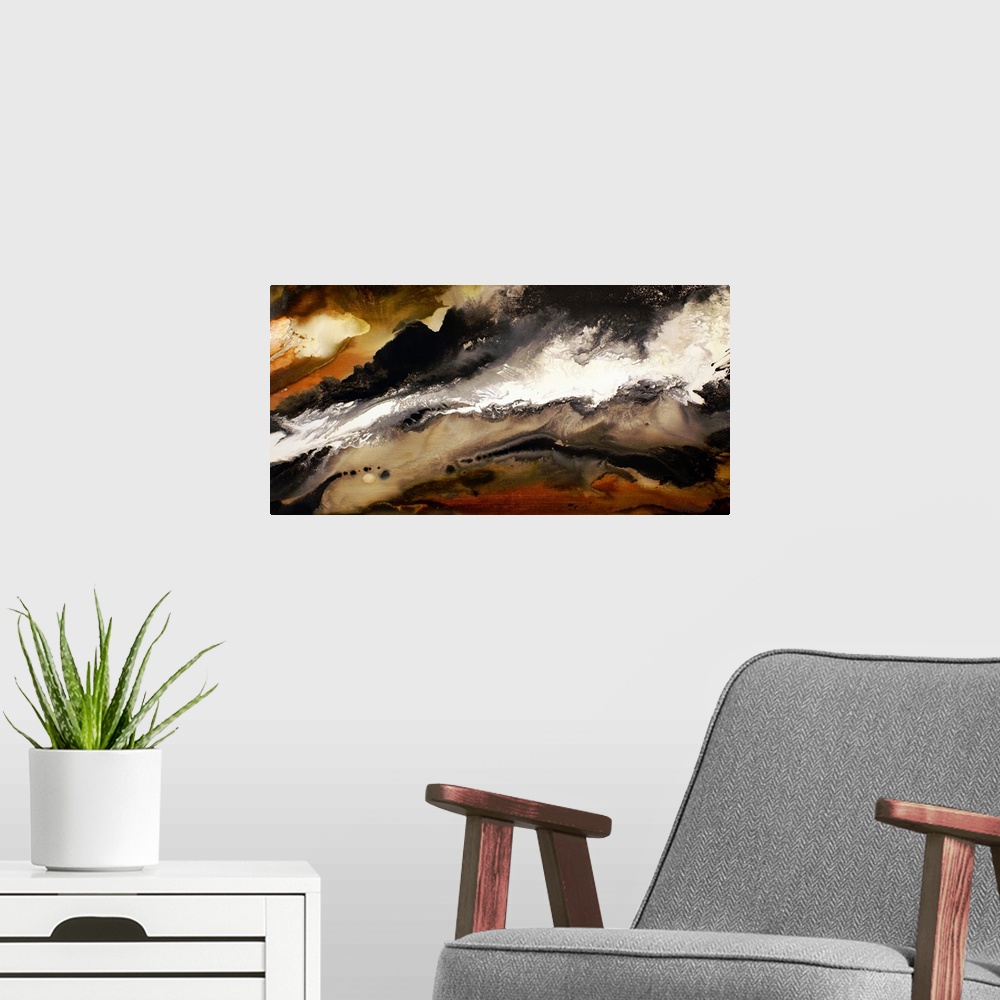 A modern room featuring Abstract artwork that uses mostly muted colors in cloud like shapes that blend together.