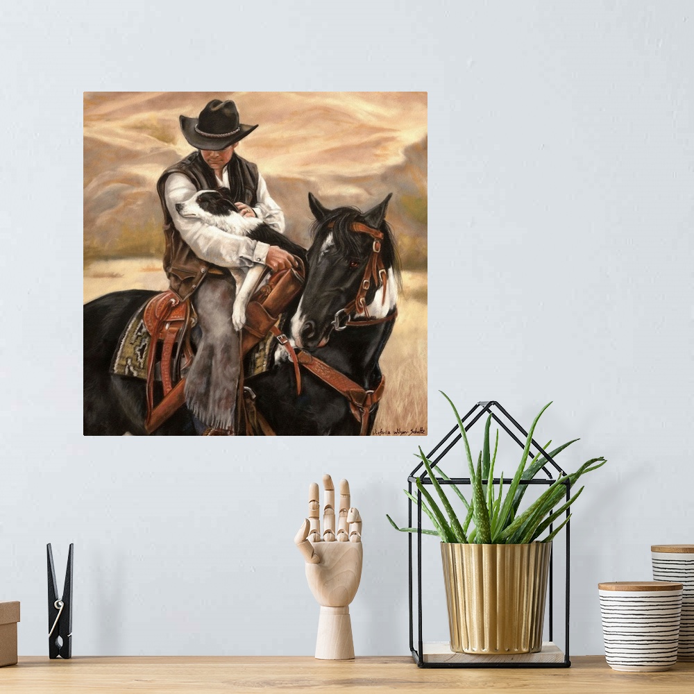 A bohemian room featuring Contemporary artwork of a cowboy on horseback holding a border collie dog in his arms.