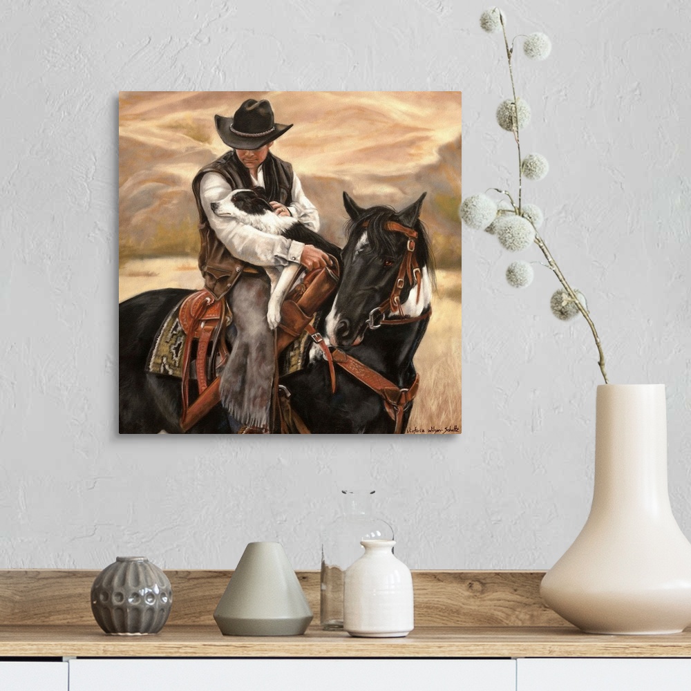 A farmhouse room featuring Contemporary artwork of a cowboy on horseback holding a border collie dog in his arms.