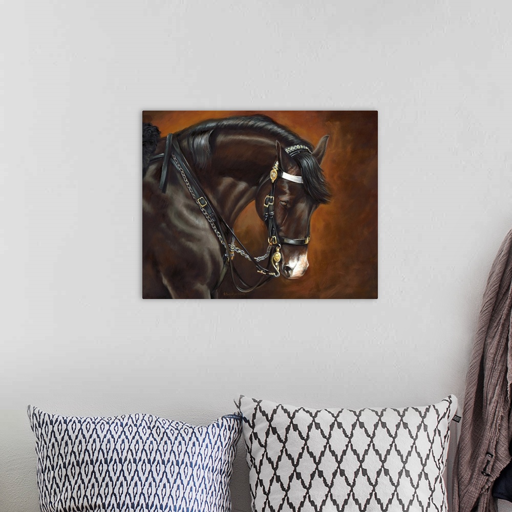 A bohemian room featuring Contemporary artwork of a horse saddled up and his head dropped down.