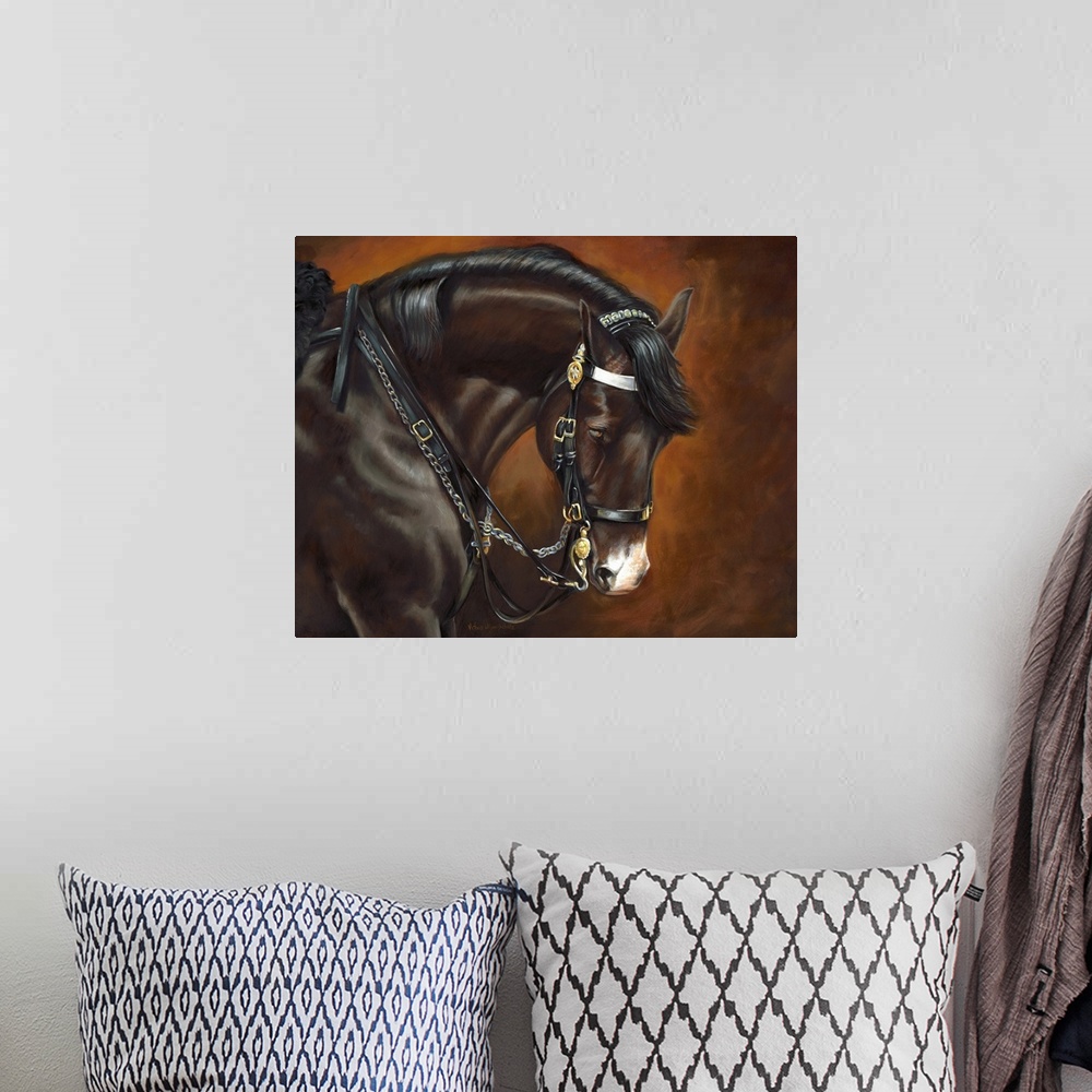 A bohemian room featuring Contemporary artwork of a horse saddled up and his head dropped down.