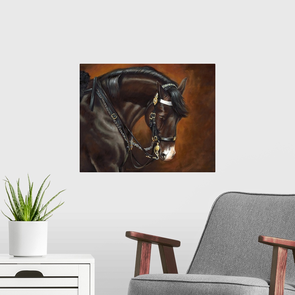 A modern room featuring Contemporary artwork of a horse saddled up and his head dropped down.