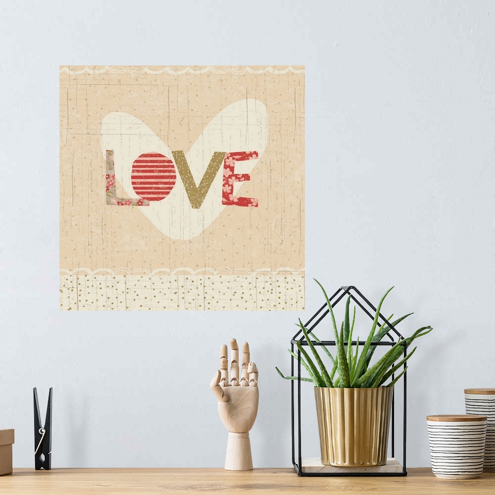 A bohemian room featuring Collage style romantic artwork with a floral print border reading "Love."
