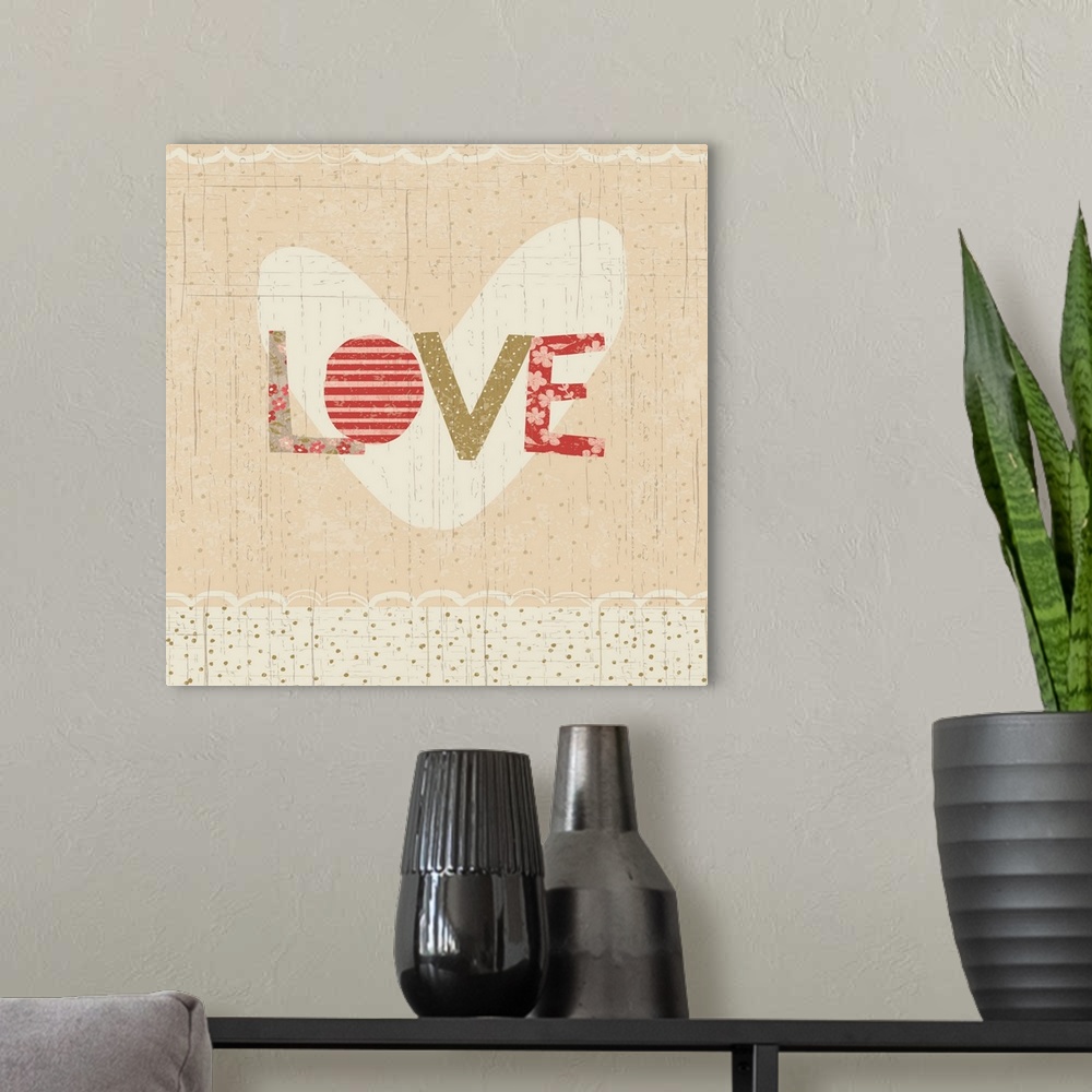 A modern room featuring Collage style romantic artwork with a floral print border reading "Love."