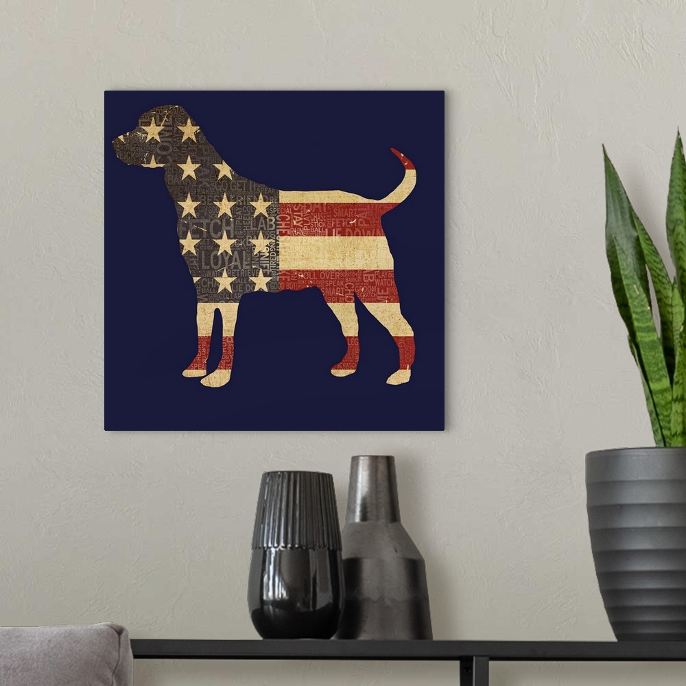 A modern room featuring A digital illustration of a dog with an american flag theme.