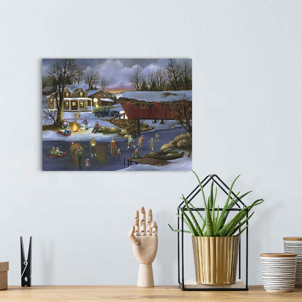 A bohemian room featuring Contemporary painting of people ice skating on a frozen river in the winter.