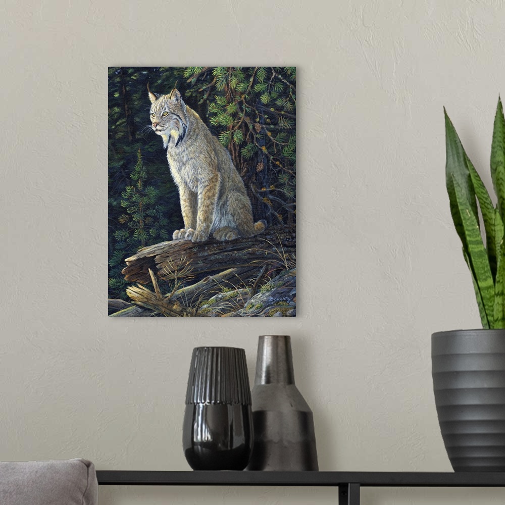 A modern room featuring A lynx sitting on a log in a forest.