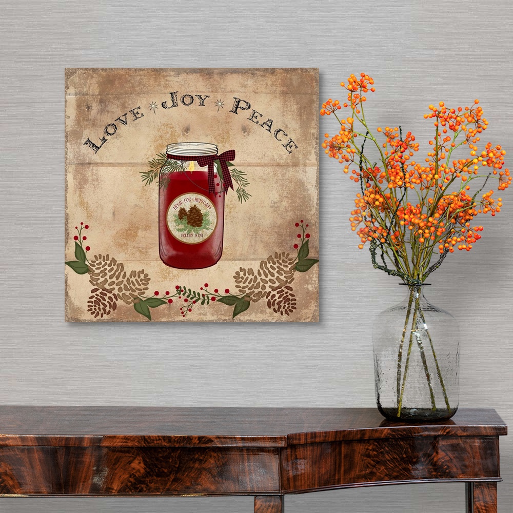 A traditional room featuring Christmas decor of a mason jar with the words "Love, Joy, Peace" above.