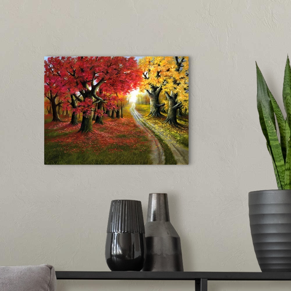 A modern room featuring Contemporary artwork of an autumn foliage landscape.