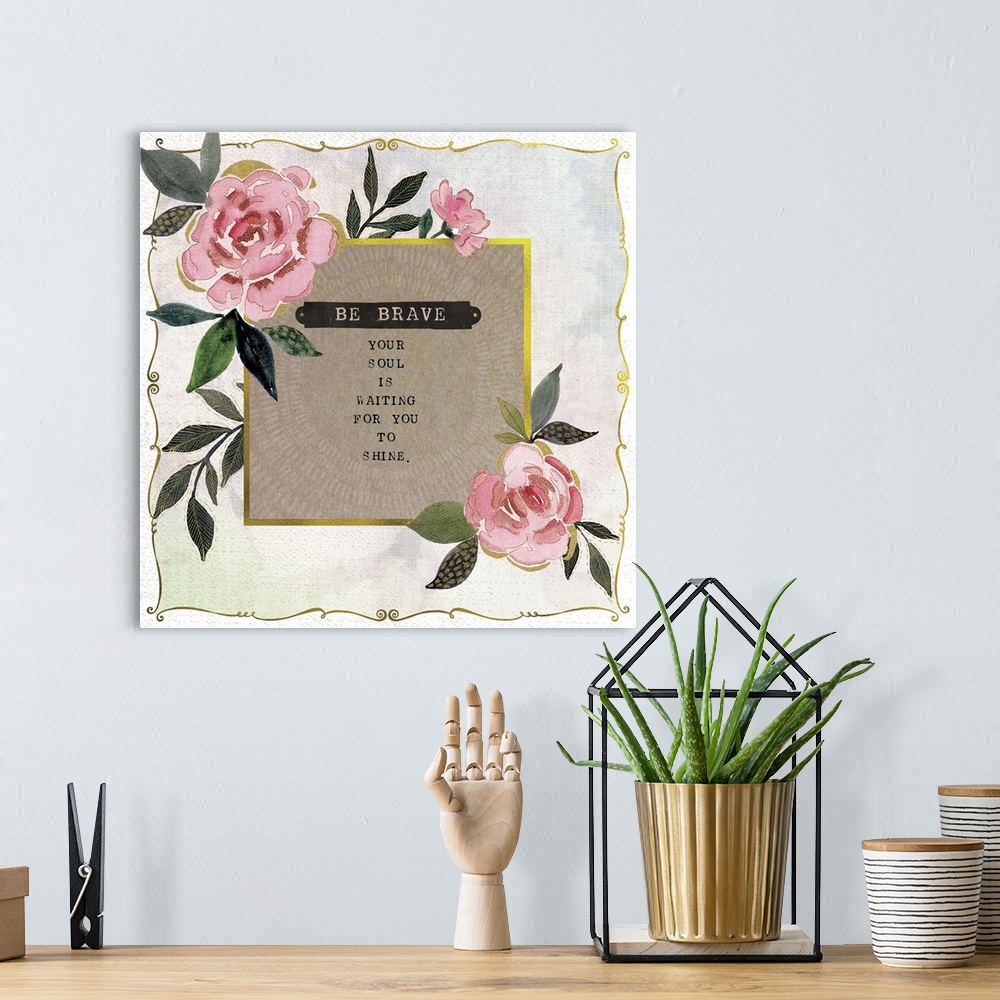 A bohemian room featuring An inspirational message decorated with pink roses.