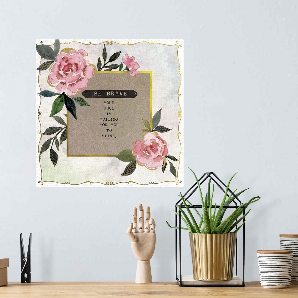 A bohemian room featuring An inspirational message decorated with pink roses.