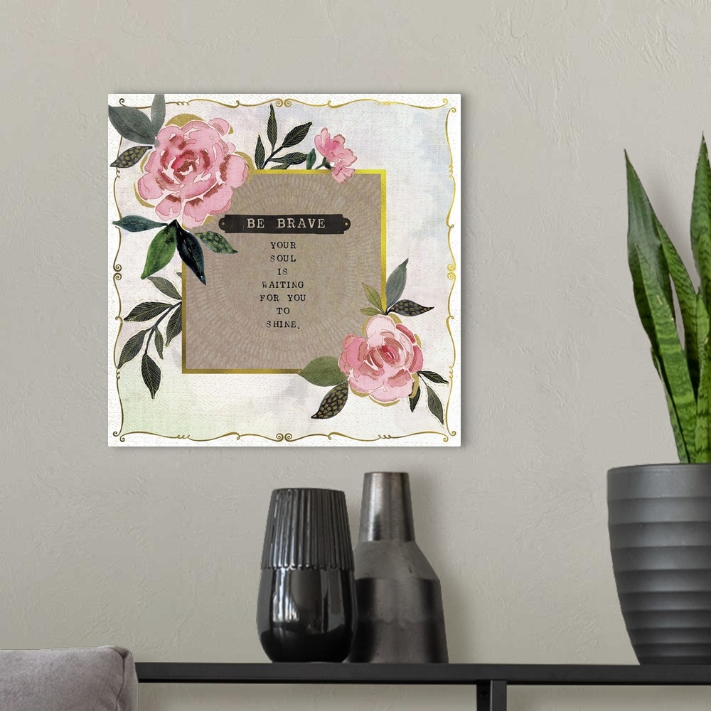 A modern room featuring An inspirational message decorated with pink roses.