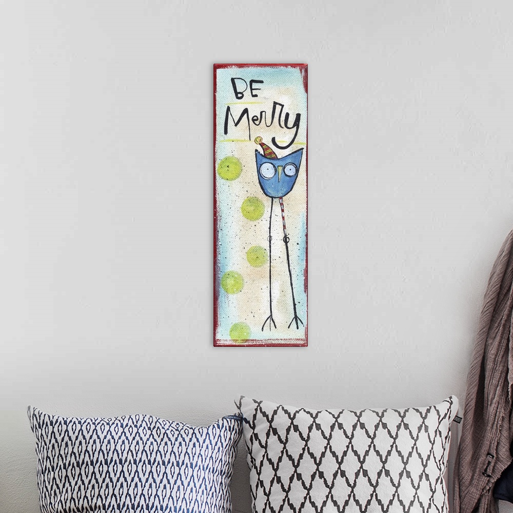 A bohemian room featuring Cute illustration of an owl with long legs wearing a festive hat.