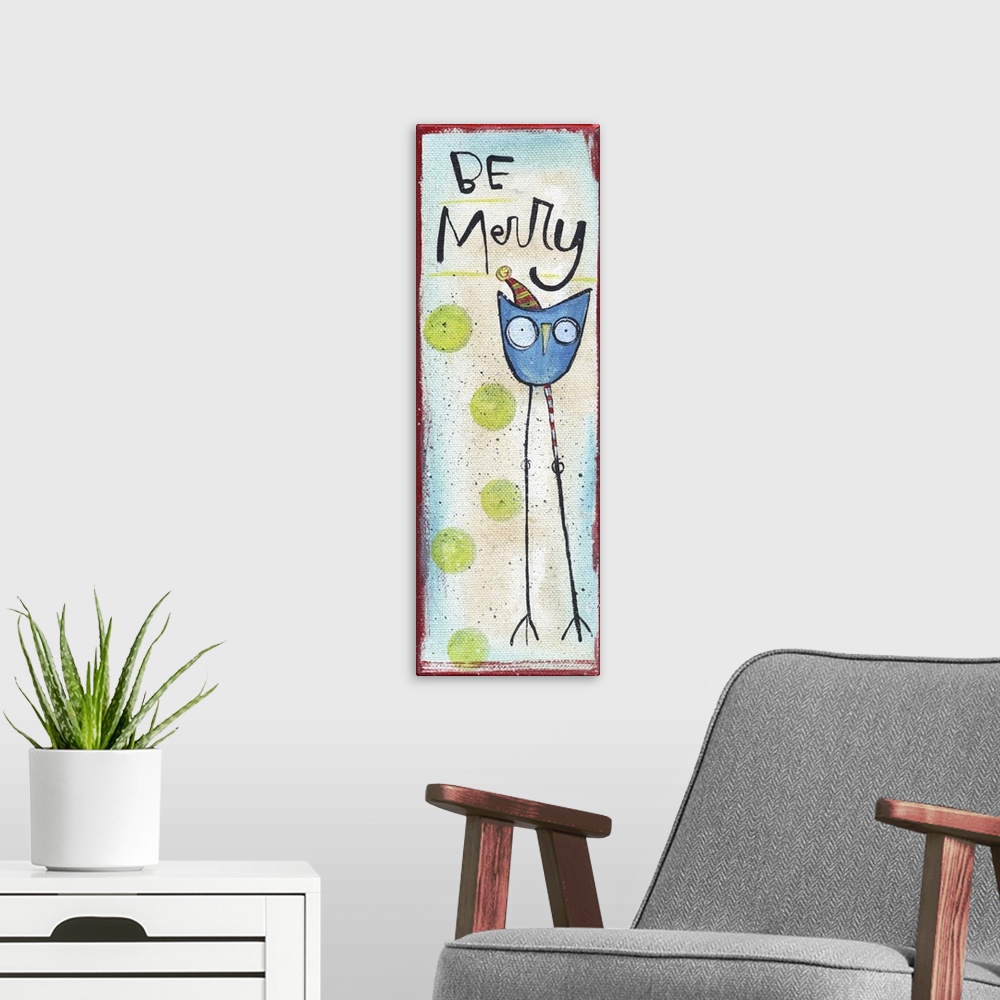 A modern room featuring Cute illustration of an owl with long legs wearing a festive hat.